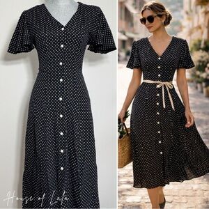 Vintage Polka Dot Midi Tea Dress. Parisian Style Button Front Flutter Sleeve.